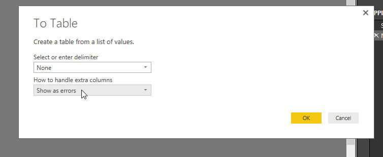 Power BI JSON - To Table Dialog Box
